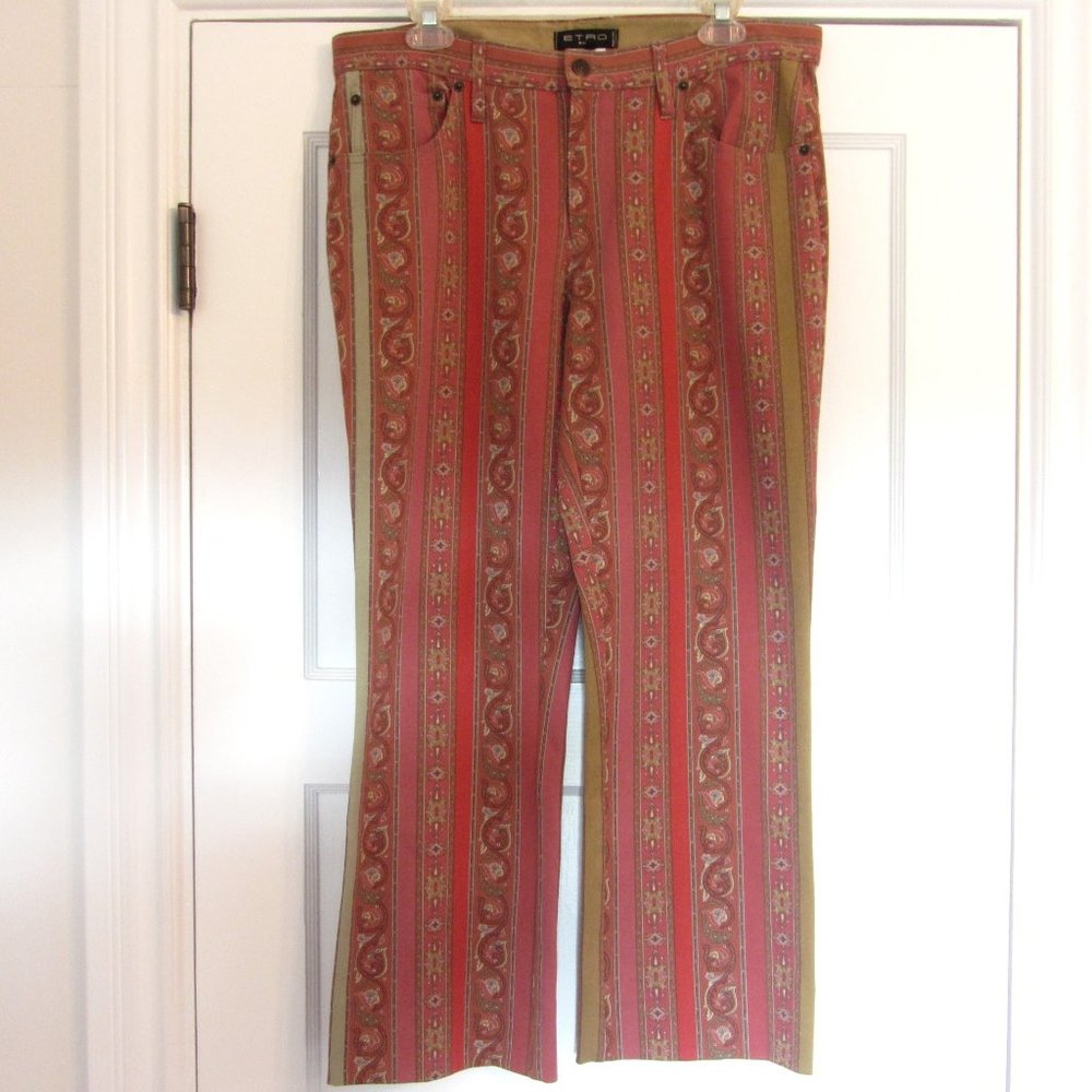 Etro Jeans, Red and Gold Patterned Denim, Luxury Italian Designer, Size 12 (46)